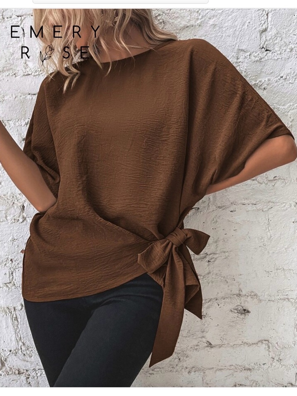 SHEIN Brown Side-Tie Dolman Sleeve Top